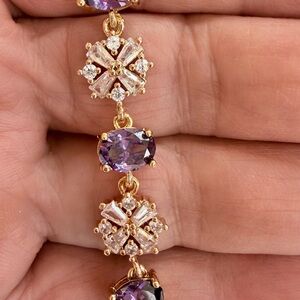 Elegant bracelet-18K real gold plated oval purple crystals,clear CZ snowflakes.